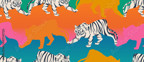 Hand drawn abstract colorful pattern with tigers. Creative collage contemporary seamless pattern. Fashionable trendy template for design.