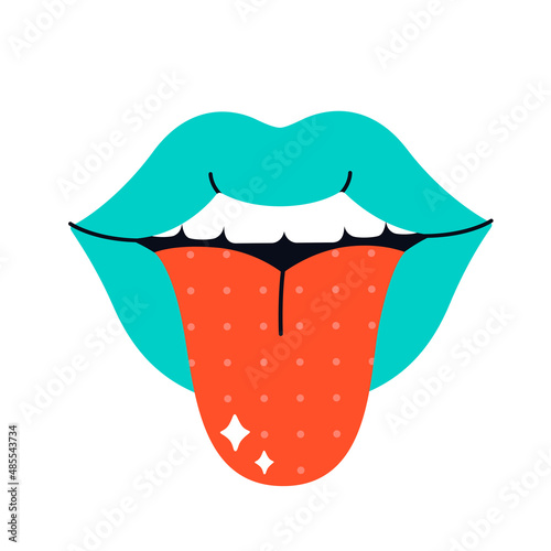 Cute lips with tongue in retro style. Hippie, psychedelic, retro and vintage style. Vector illustration