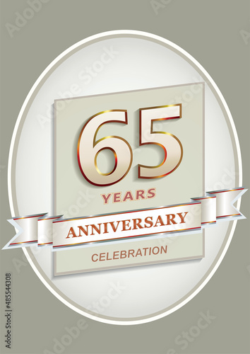 Anniversary 65th celebration. Logo template with 65 years in oval with decorative ribbon and text, vector design for  invitation, greeting card, birthday.