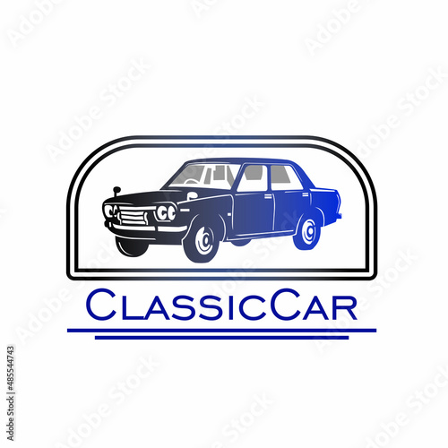 classic old car logo, silhouette of blue car vrctor illustration photo