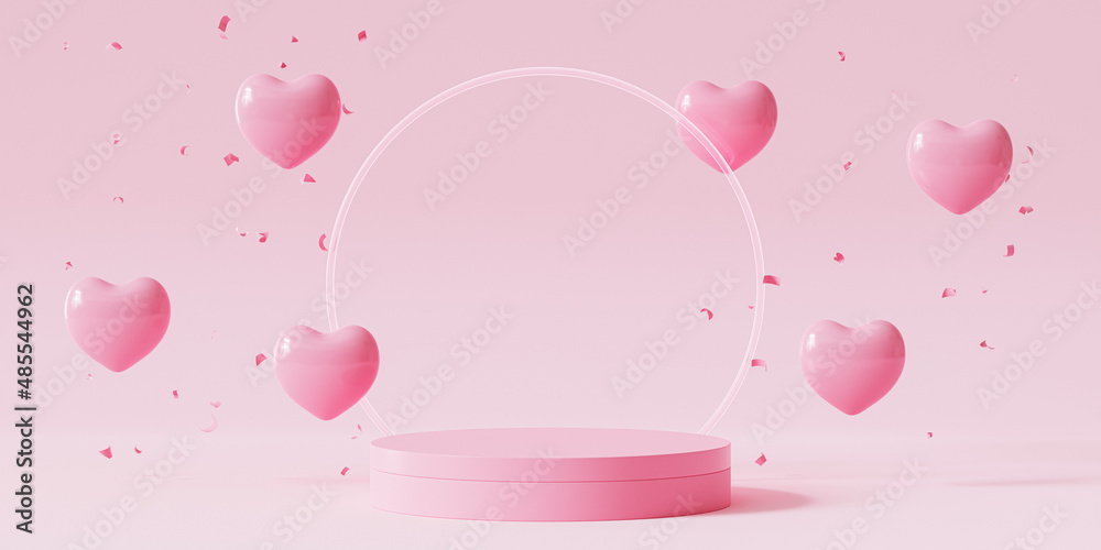 Valentines day pink podium or pedestal for products or advertising with heart shaped balloons and confetti, 3d render