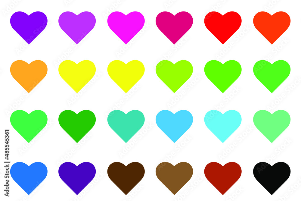 heart rainbow colored  Isolated vector illustration on white background rainbow colored hearts in a row. Heart symbols in  unique color hues. Isolated illustration on white background. Vector.