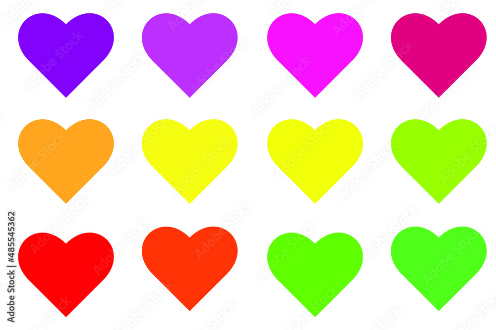 heart rainbow colored  Isolated vector illustration on white background rainbow colored hearts in a row. Heart symbols in  unique color hues. Isolated illustration on white background. Vector.