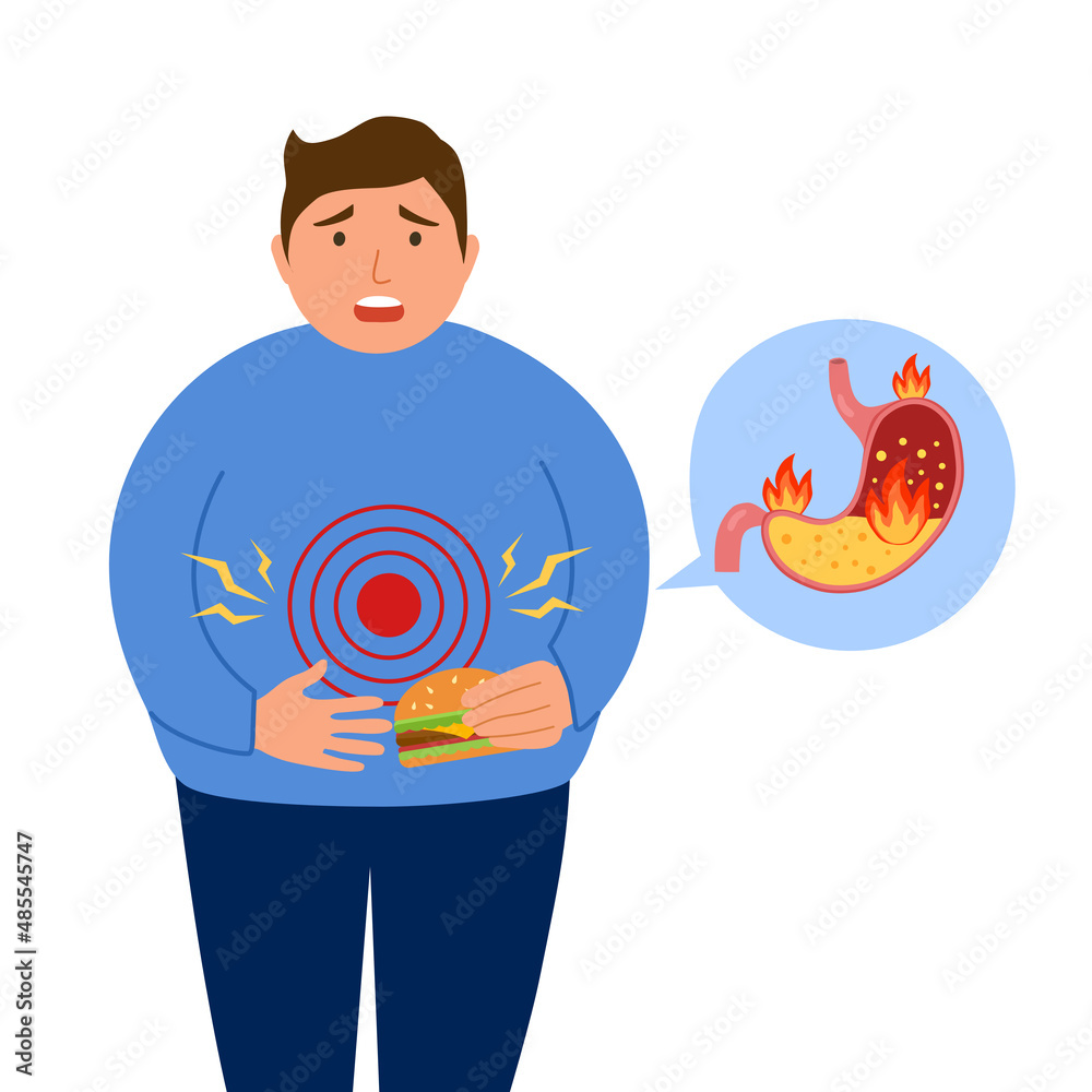 Fat man eating food and feel pain in stomach concept vector illustration. Stomach acid and digestive system problem. Gastritis acid reflux. Fat man eating food and feel pain in stomach concept vector illustration. Stomach acid and digestive system problem. Gastritis acid reflux.