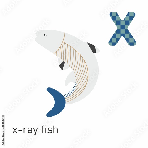 Alphabet illustration. Vector cute kids animal alphabet. Letter X. Cute cartoon x-ray fish.