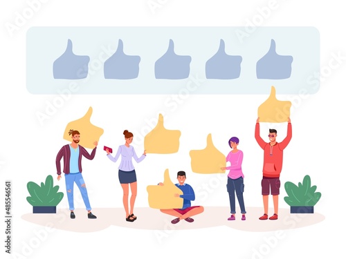Customer give thumbs up. Students reviews about satisfaction service, positive good feedback, vector illustration