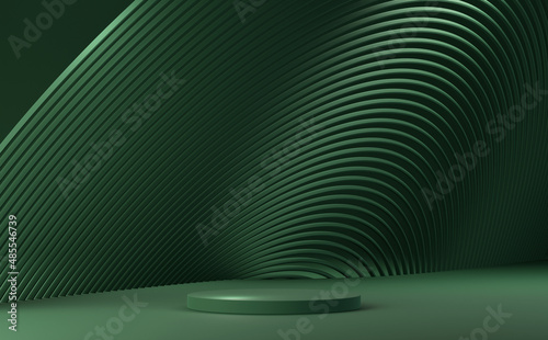 Green podium with abstract circular geometric pattern on green background