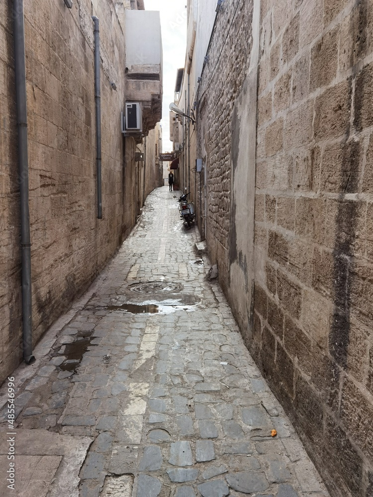 Narrow old town streets of Sanliurfa so narrow that only pedestrians can go through no mounts