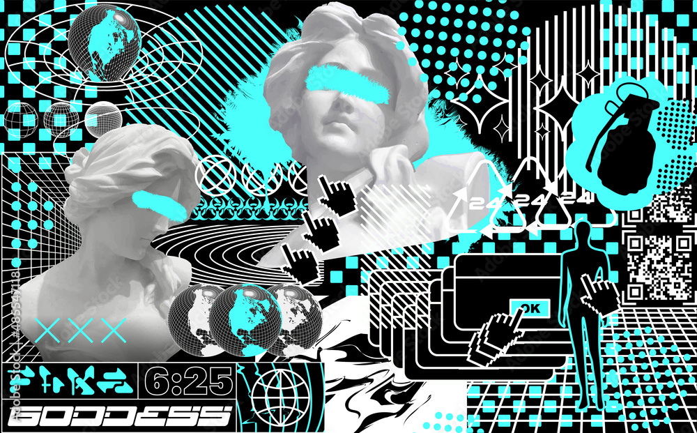 Retro futuristic background with girl statues. In techno style, with glitch effects, vector surreal illustration - obrazy, fototapety, plakaty 