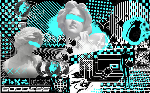 Retro futuristic background with girl statues. In techno style, with glitch effects, vector surreal illustration photo