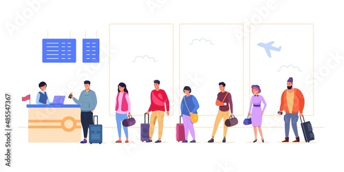 Queue of tourists. Travel people line departure airport, check passenger flight airplane, happy tourist suitcase traveling transit in vacation, cartoon garish vector illustration