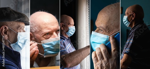 COVID-19 Banner made from many shots of an old man wearing a surgical mask and looking worried in various moment of the da photo