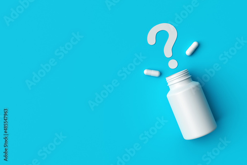 Plastic medical container and white capsule pills with question mark on blue background top view. Medicine and health concept. 3d rendering.