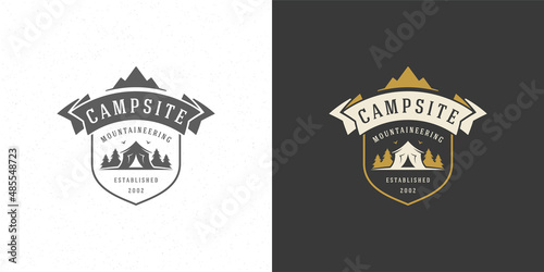 Forest camping logo emblem summer camping vector illustration with tent and pine trees silhouettes