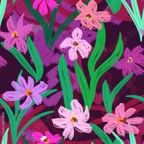 Seamless floral pattern of abstract bright pink flowers on a dark purple background for textile.