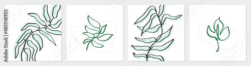 One line tropical palm tree leaves. Modern single line art leaf drawing, plants outline contour isolated. Perfect for home decor posters, wall art or print, label, logo. Vector illustration