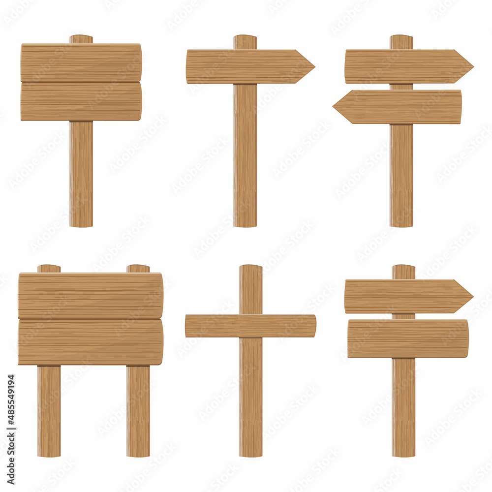 A set of wooden signs and directional arrows. Empty billboards made of wood, color vector cartoon illustration A set of wooden signs and directional arrows. Empty billboards made of wood, color vector cartoon illustration