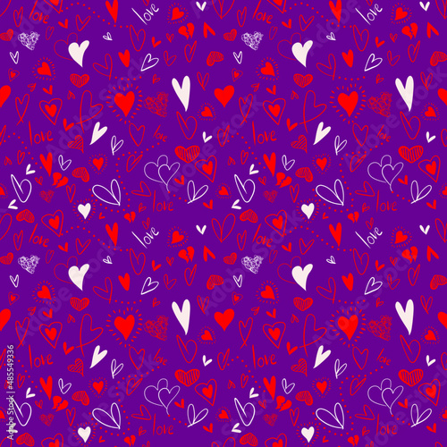 Vector seamless love symbol pattern, with stylish hearts, cupcake and word "Love"
