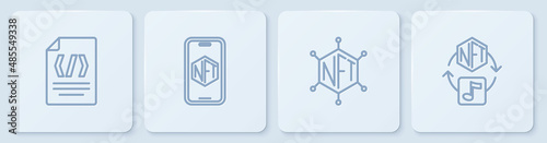 Set line Binary code, NFT blockchain technology, Mobile with art store app and Digital crypto. White square button. Vector