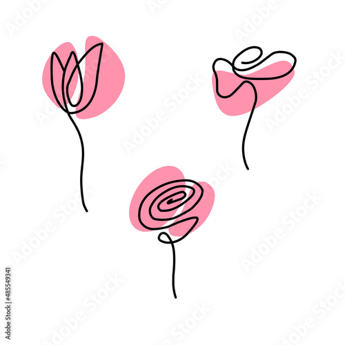 set of abstract flowers in one line. black line on white background. vector illustration
