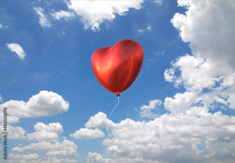Red metalic heart shape air balloon flying in a blue sky background, 3D rendering image Red metalic heart shape air balloon flying in a blue sky background, 3D rendering image