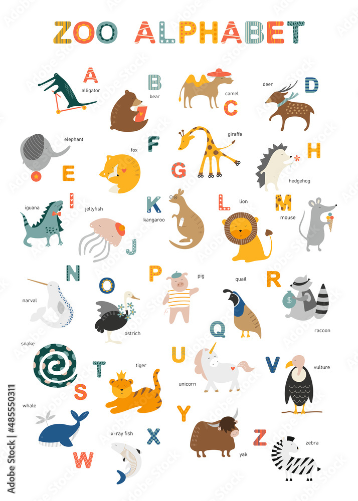 Obraz premium Cute English zoo alphabet for children with letters and titles. Funny pets for kids. Educational set for school and learning