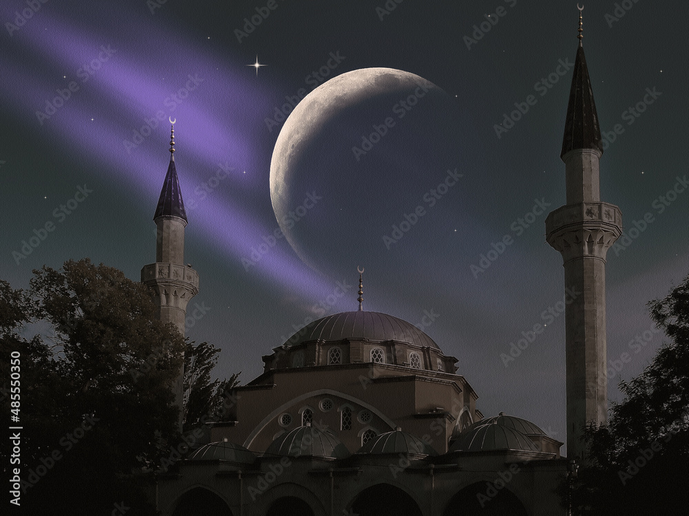 silhouette of a beautiful mosque against the background of sunset sun