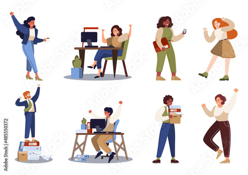 Cheerful and energetic business man and woman set. Full of energy