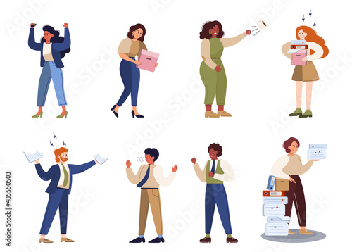 Stressed and angry business people set. Female and male character