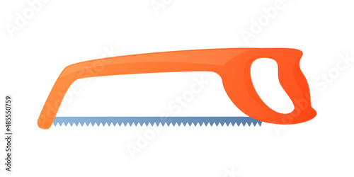 Vector illustration hacksaw with orange handle isolated on white background. Carpenter or repairmen handsaw vector icon in flat cartoon style. Construction tool. Saw for cutting metal and tree.