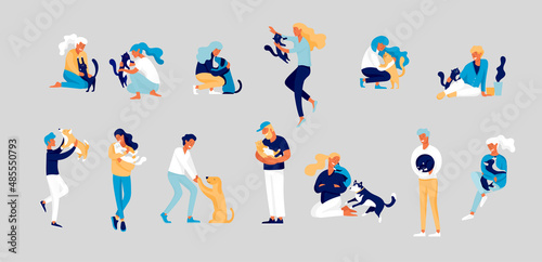 Vector character. Happy people with their pets, cat love their owners © merfin