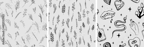 Hand drawn seamless pattern of culinary herb. Basil, mint, rosemary, sage, thyme, parsley, oregano, onion. Food design