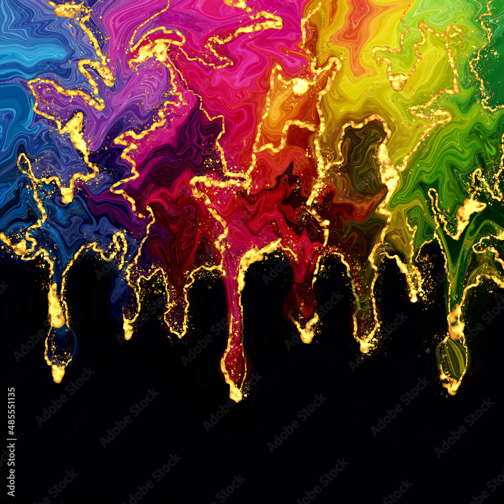 Obraz premium Rainbow copy space marble abstract watercolor bacground glitter dust ink, fluid pattern, liquid gold flow drop