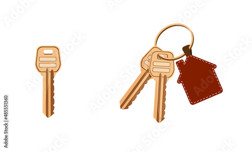 The key to the house. Bunch of keys. Keys with a keychain in the form of a house. Buying a house, investment. Isolated on white background. Flat style. Vector illustration