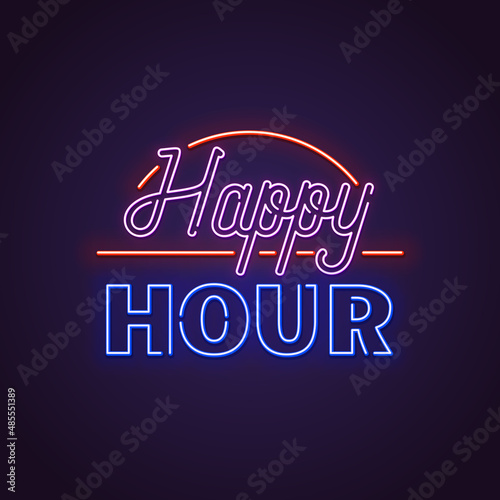 Big happy hour neon text. Neon lamp square sign. Glowing neon sign of happy hour sale. Template for glowing neon banner on dark background.