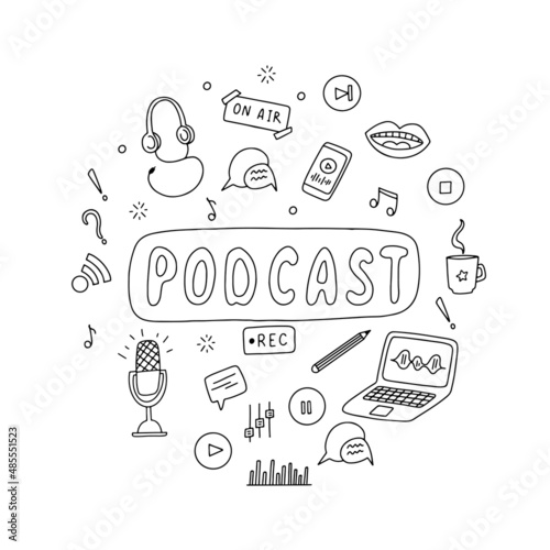 Podcasting set of hand drawn black and white icons. Broadcasting doodle elements. Vector illustration