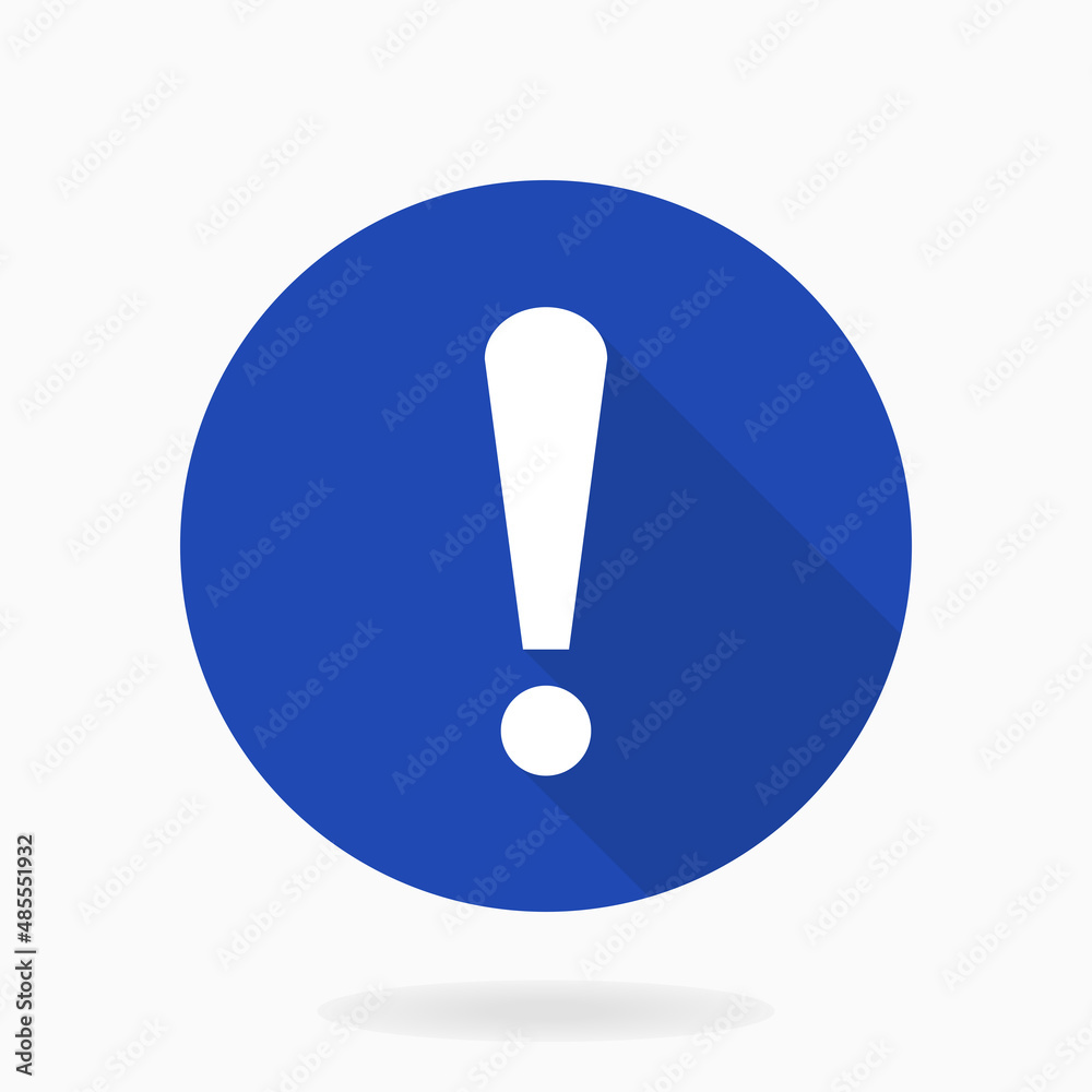 White exclamation flat icon in the blue circle. Flat design and long shadow White exclamation flat icon in the blue circle. Flat design and long shadow