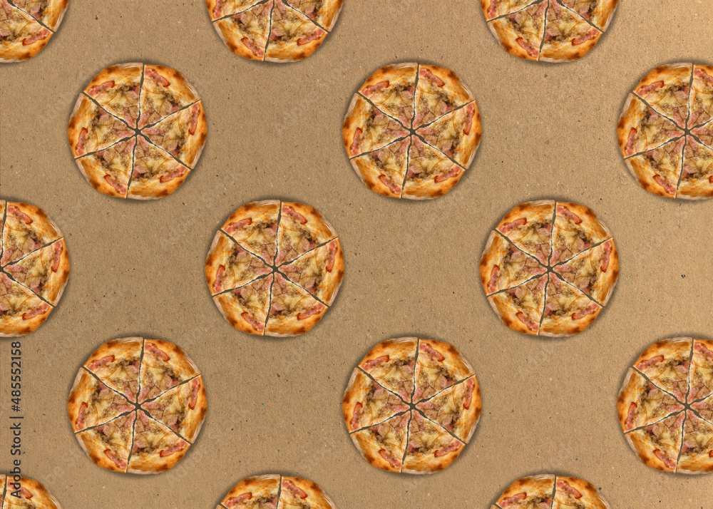 Pizza on a cardboard background. Seamless pattern with cut pizza with bacon.