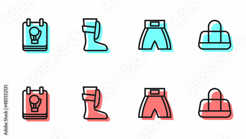 Set line Boxing short, glove, Sport boxing shoes and bag icon. Vector