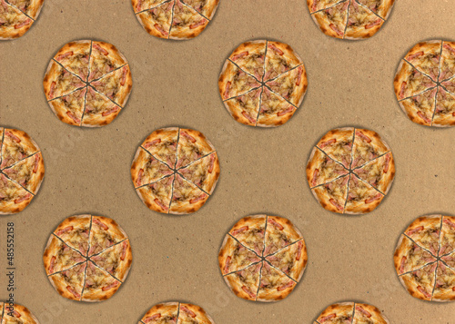 Pizza on a cardboard background. Seamless pattern with cut pizza with bacon.