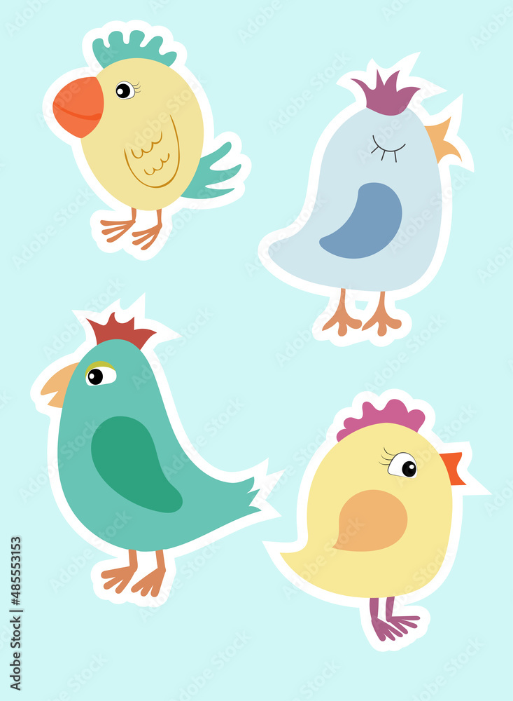 Funny flat birds stickers set, four little birdies, cute colorful bird characters collection 