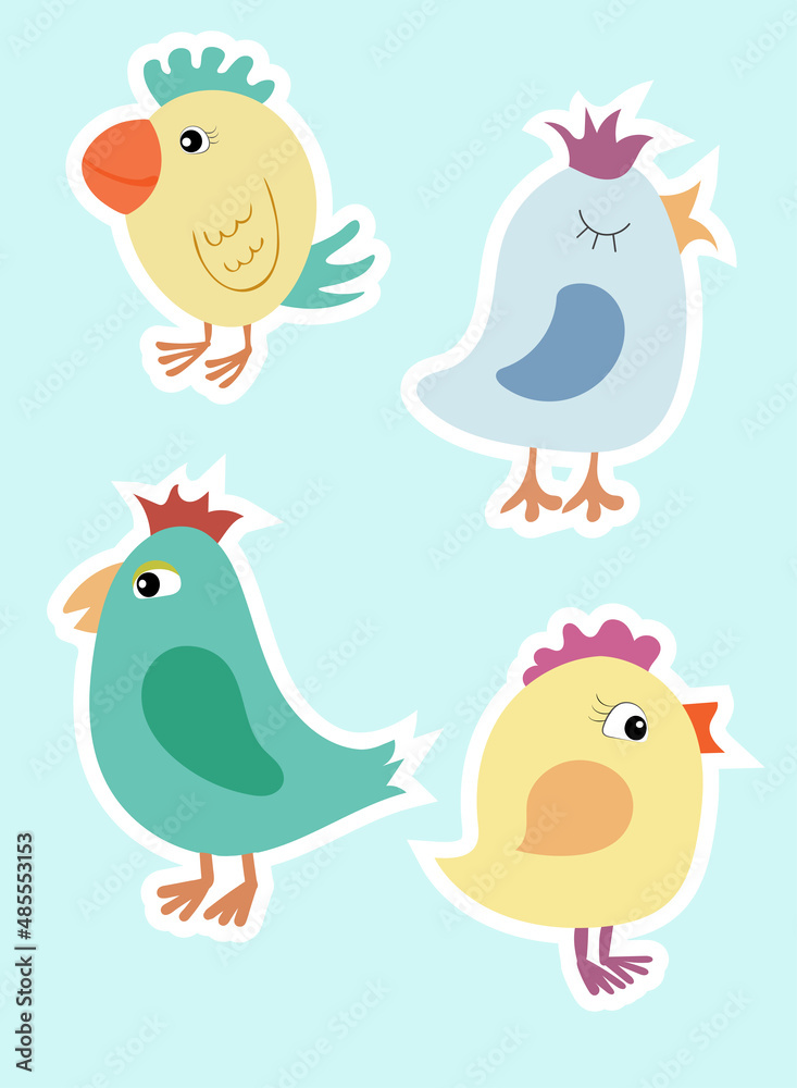 Funny flat birds stickers set, four little birdies, cute colorful bird characters collection Funny flat birds stickers set, four little birdies, cute colorful bird characters collection