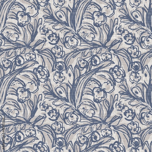 French blue floral linen seamless pattern with 2 tone country cottage style botanical motif. Simple vintage rustic fabric textile effect. Primitive modern shabby chic design.