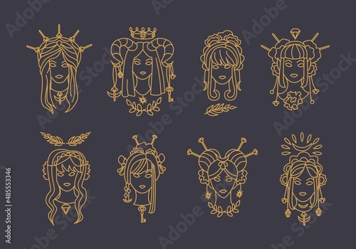 Magic woman boho style portraits set. Mysterious and witchcraft line art design elements. Fantasy vector illustrations for greeting card, logo or poster.