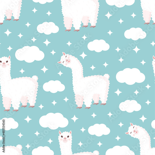 Seamless pattern with funny llama  clouds and stars on a blue background. Vector illustration suitable for baby texture  textile  fabric  poster  greeting card  decor. Cute alpaca from Peru.