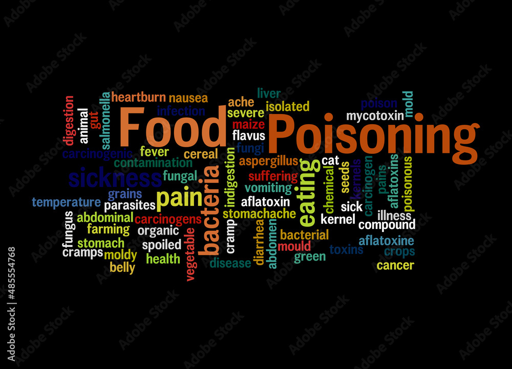 Word Cloud with FOOD POISONING concept, isolated on a black background Word Cloud with FOOD POISONING concept, isolated on a black background