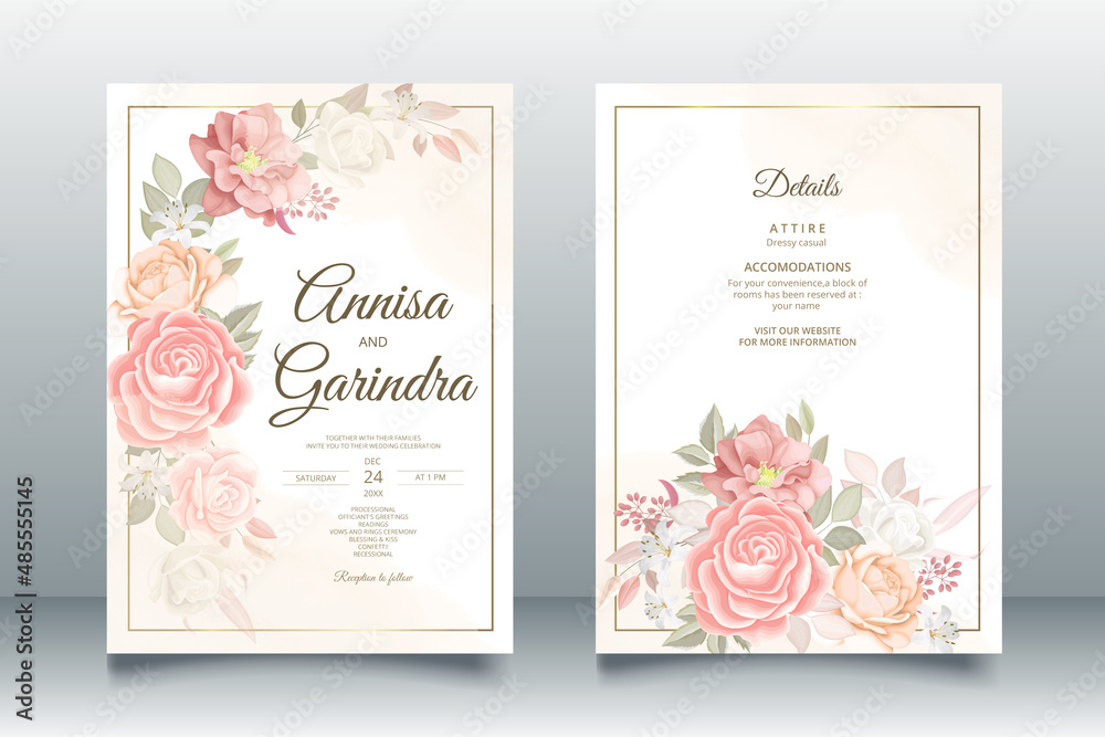 Beautiful brown  floral frame wedding invitation card template Premium Vector