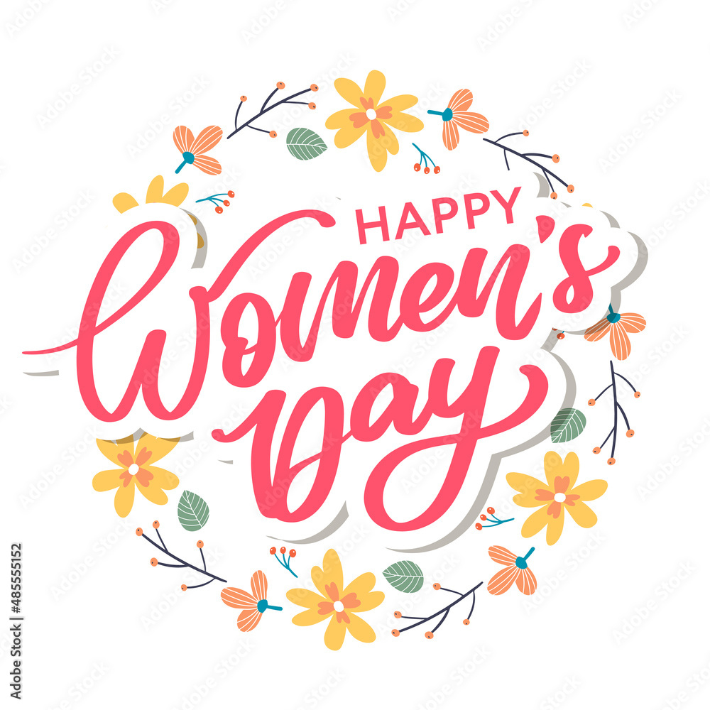 Women's Day hand drawn lettering. Red text isolated on white for postcard, poster, banner design element. Happy Women's Day script calligraphy. Ready holiday lettering design.