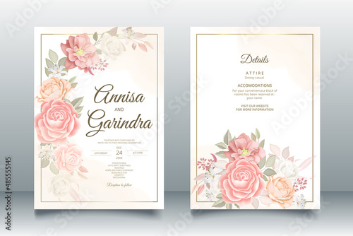 Beautiful brown  floral frame wedding invitation card template Premium Vector