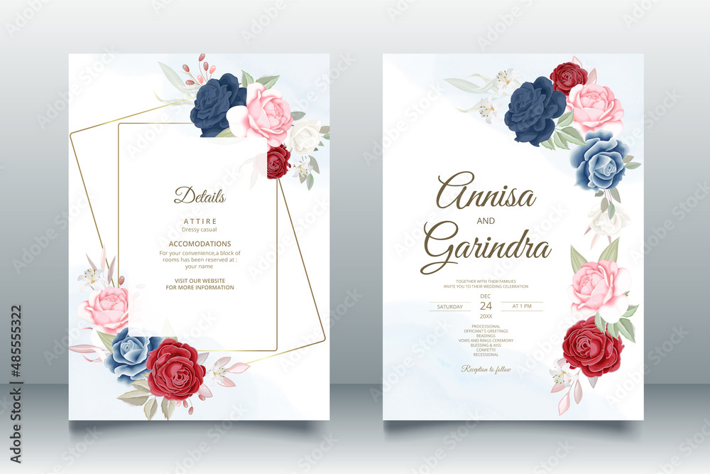 Beautiful navy blue floral frame wedding invitation card template ...